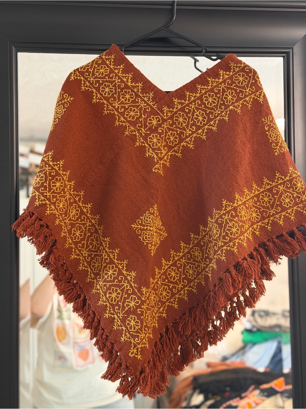 Rust Embroidered Fringe Poncho - Yellow Accent